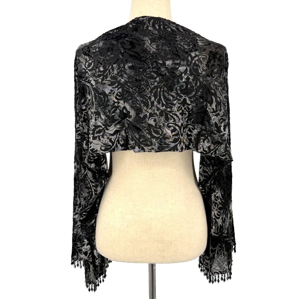 Vintage Cache Womens Bolero Shrug XS S Black‎ Silver Burnout Fabric Sheer Beaded
